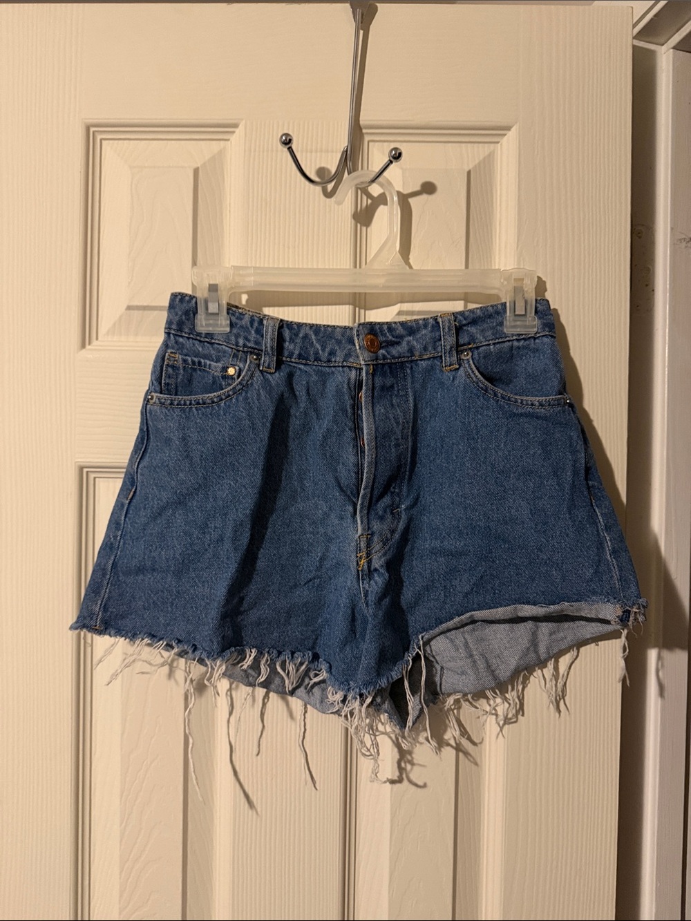 #168 H&M Blue High-Rise Frayed Denim Shorts